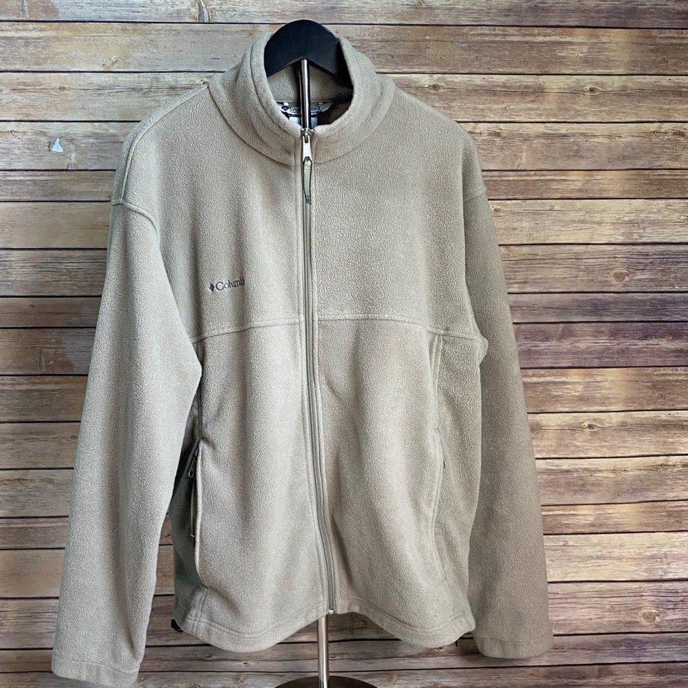 Columbia Mens Fleece Jacket Large Tan Beige Full Zip Soft Outdoor Layer